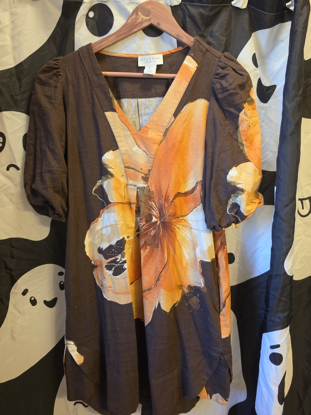 Calypso St. Barth Brown Tunic with Large Orange Floral Print